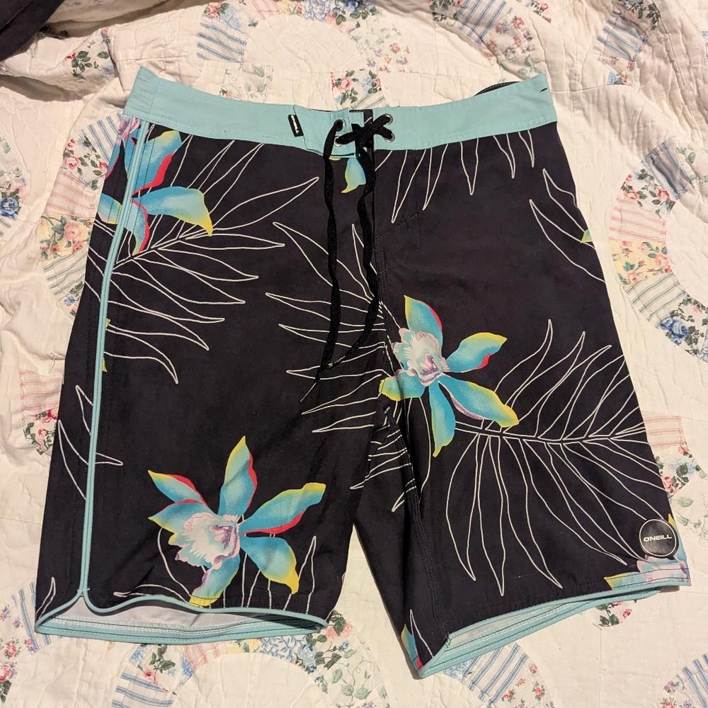 O'Neill Black and Aqua Floral Men's Board Shorts